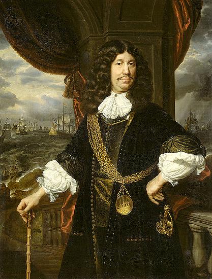 Portrait of Mattheus van den Broucke Governor of the Indies, with the gold chain and medal presented to him by the Dutch East India Company in 1670., Samuel van hoogstraten